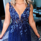 Royal Blue Appliques Tulle Long Prom Party Dress with Slit,DP978