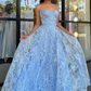 Blue Floral Lace A-Line Spaghetti Straps Long Prom Dress,DP979