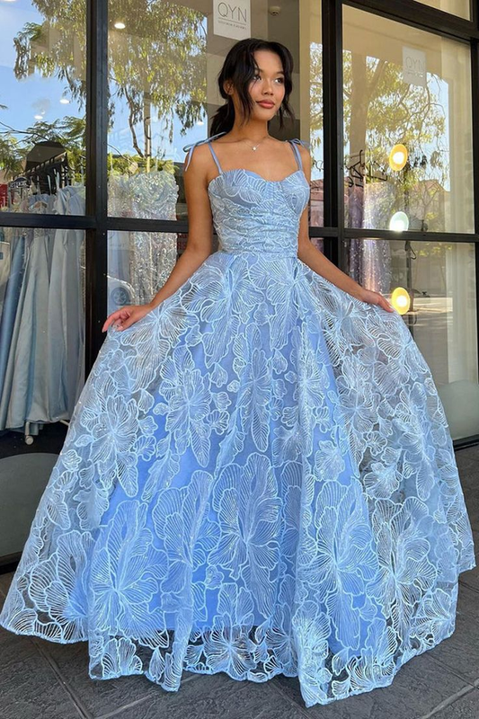 Blue Floral Lace A-Line Spaghetti Straps Long Prom Dress,DP979