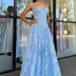 Blue Floral Lace A-Line Spaghetti Straps Long Prom Dress,DP979