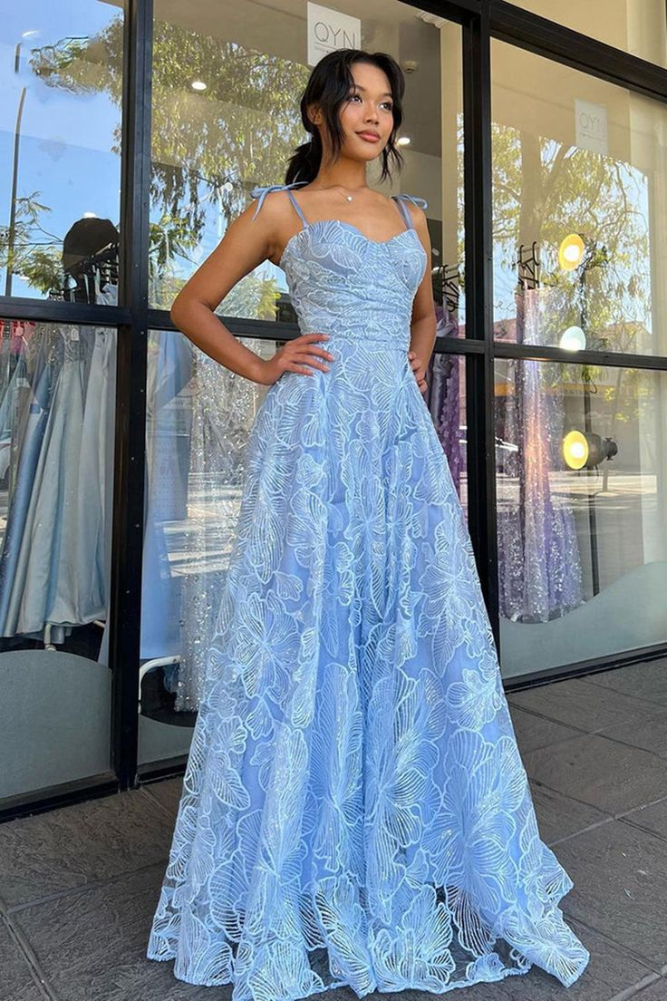 Blue Floral Lace A-Line Spaghetti Straps Long Prom Dress,DP979