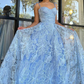 Blue Floral Lace A-Line Spaghetti Straps Long Prom Dress,DP979