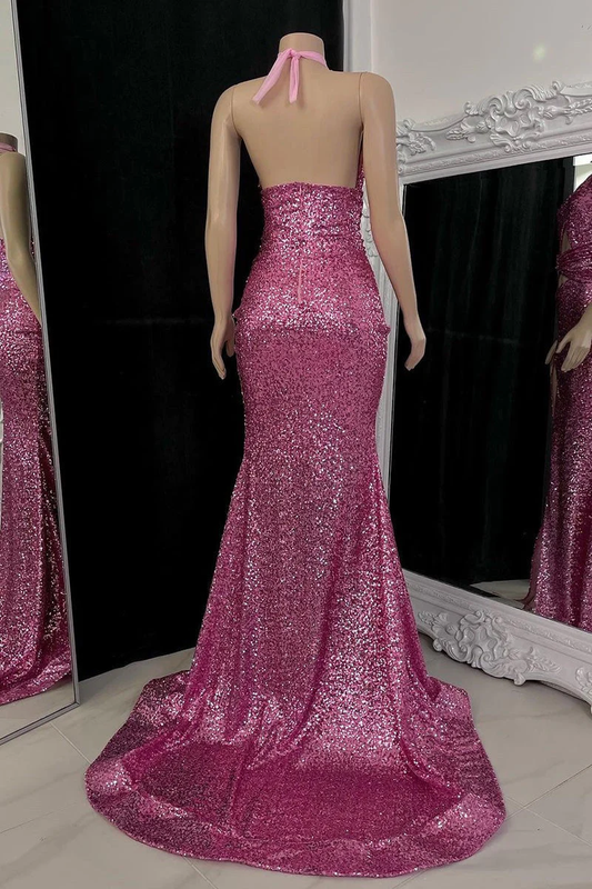 Sparkle Halter Sequined Backless Long Prom Dress with Slit,DP980