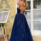 Navy Blue Spaghetti Straps A-Line Tulle Long Prom Dress with Appliques,DP981