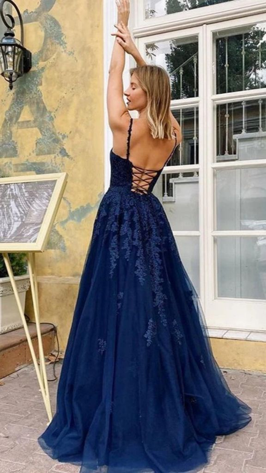 Navy Blue Spaghetti Straps A-Line Tulle Long Prom Dress with Appliques,DP981