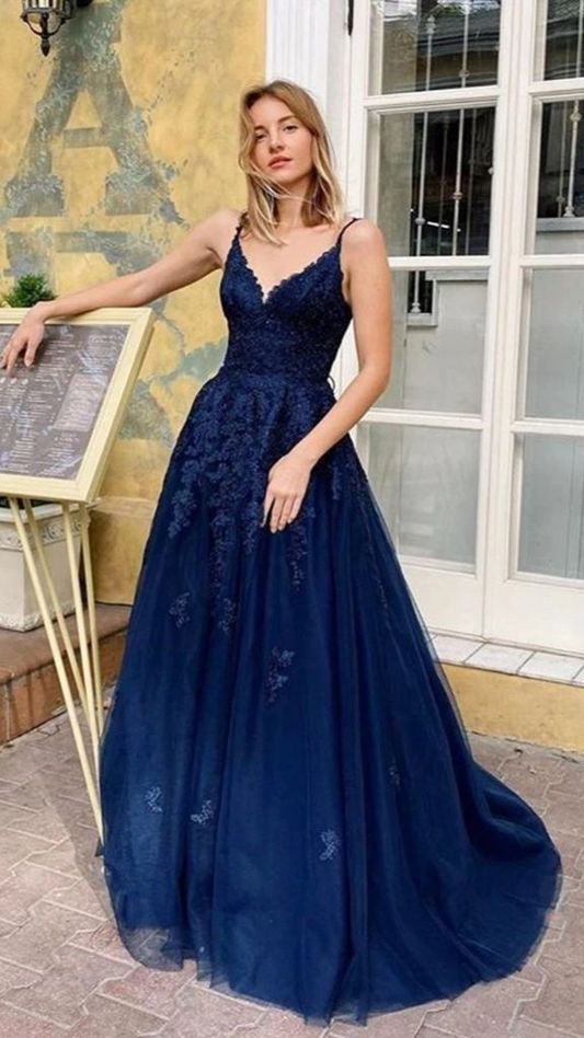 Navy Blue Spaghetti Straps A-Line Tulle Long Prom Dress with Appliques,DP981