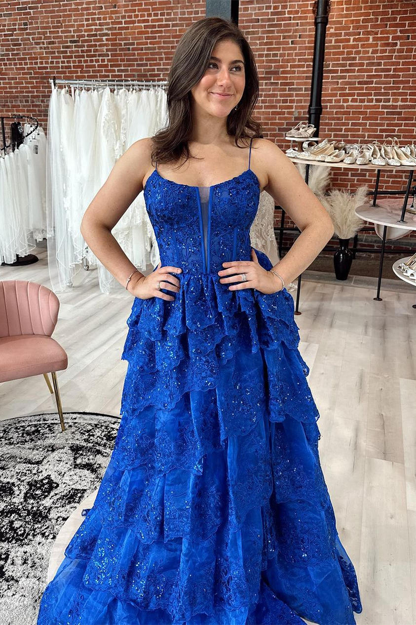 Royal Blue Sequined A-Line Tulle Lace Tiered Long Prom Dress,DP982