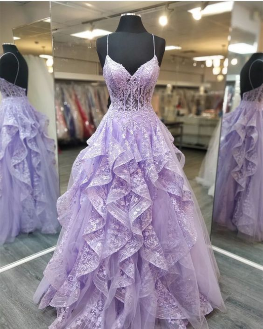 Lilac Elegant A-Line Tulle Appliques Long Prom Dress Formal Party Dress,DP983