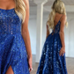 Royal Blue Sparkle Tulle Sequined Slit Long Prom Dress with Beads,DP984