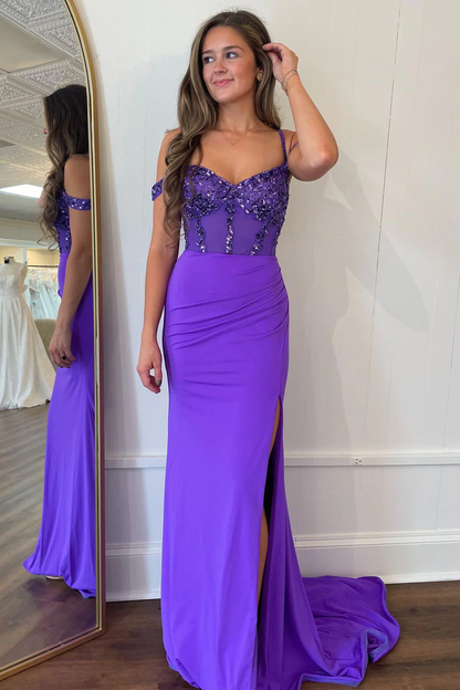 Purple Off Shoulder Beading Long Prom Party Dress with Slit,DP986