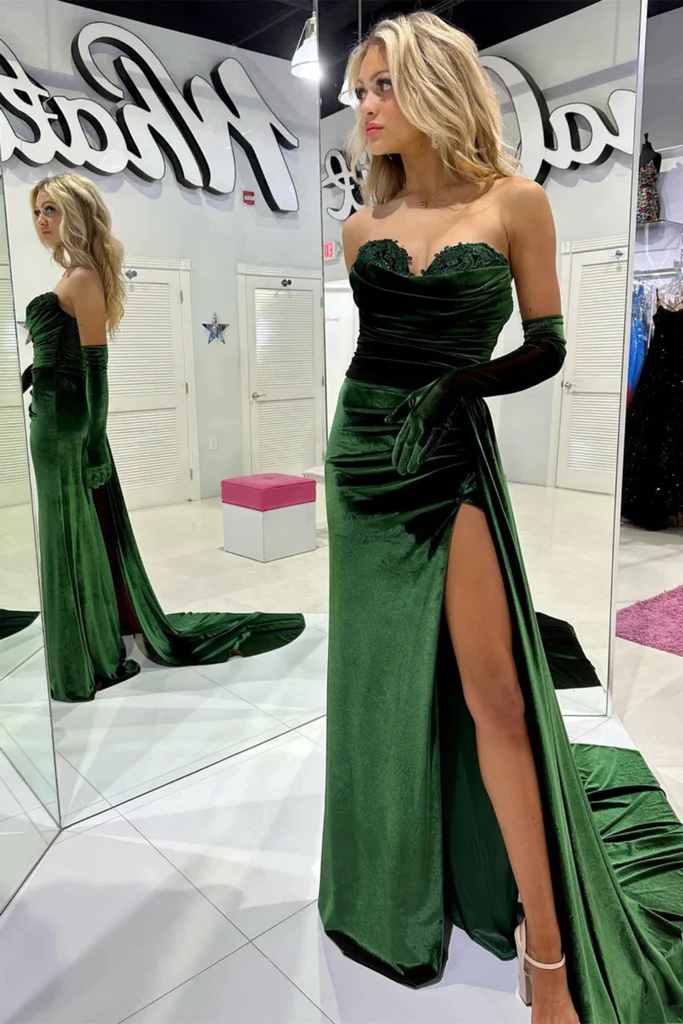 Emerald Green Sweetheart Strapless Velvet Long Prom Party Dress with Slit,DP987