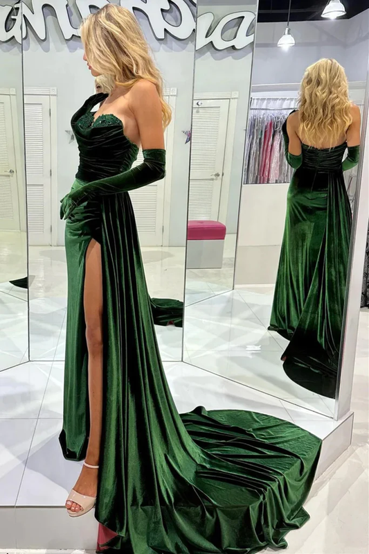 Emerald Green Sweetheart Strapless Velvet Long Prom Party Dress with Slit,DP987