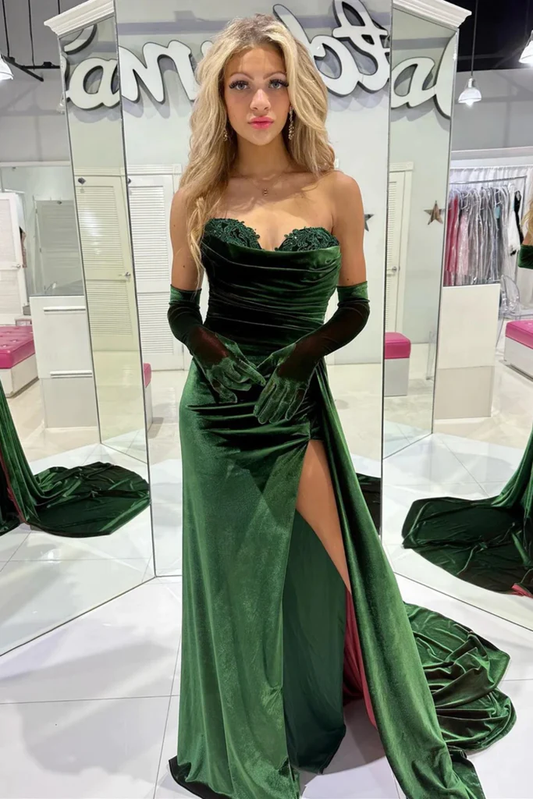 Emerald Green Sweetheart Strapless Velvet Long Prom Party Dress with Slit,DP987