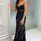 Black Sheer Strapless Tulle Appliques Mermaid Long Prom Dress,DP988