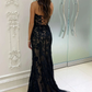 Black Sheer Strapless Tulle Appliques Mermaid Long Prom Dress,DP988