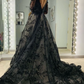 Black Long Sleeves Appliques Sweep Train Open Back Long Prom Dress,DP989