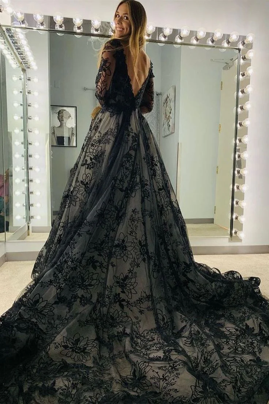 Black Long Sleeves Appliques Sweep Train Open Back Long Prom Dress,DP989