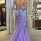 Purple Shiny Tulle Appliques Backless Long Prom Party Dress with Slit,DP993