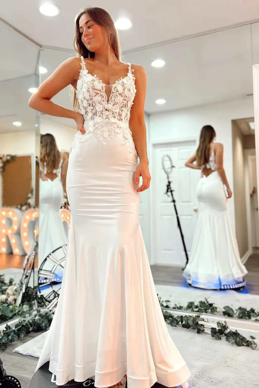 White Open Back Satin Appliques Mermaid Prom Party Dress,DP994