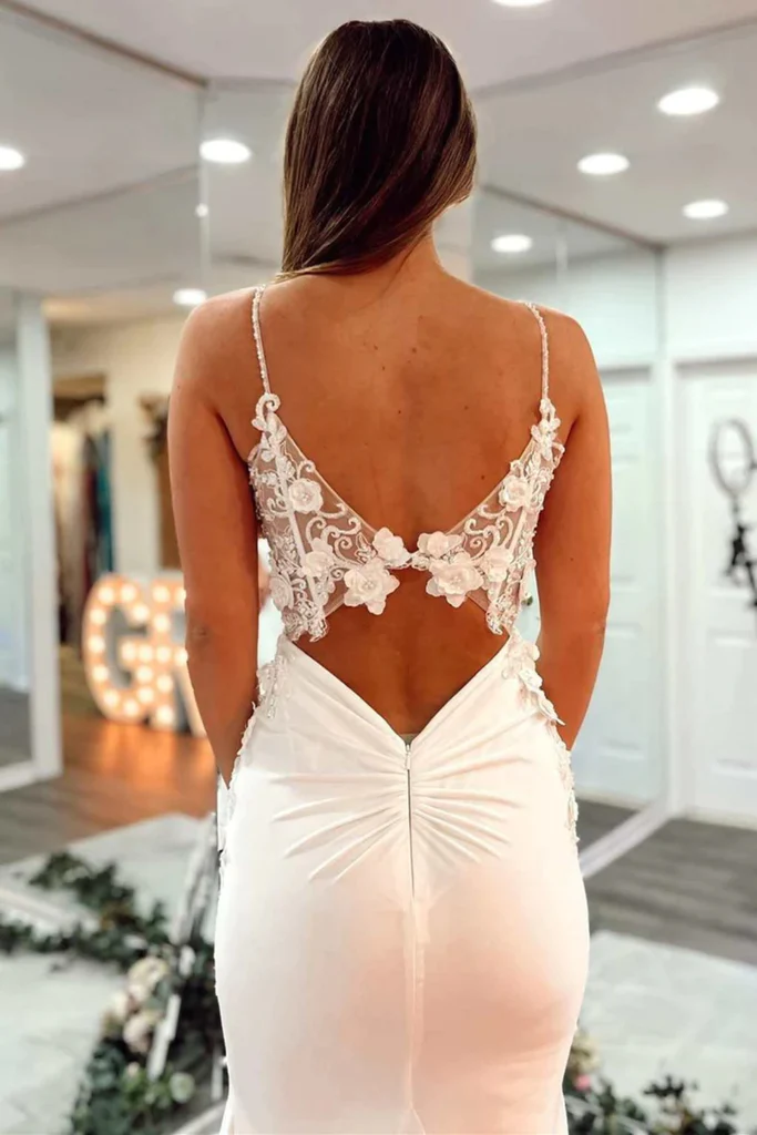 White Open Back Satin Appliques Mermaid Prom Party Dress,DP994