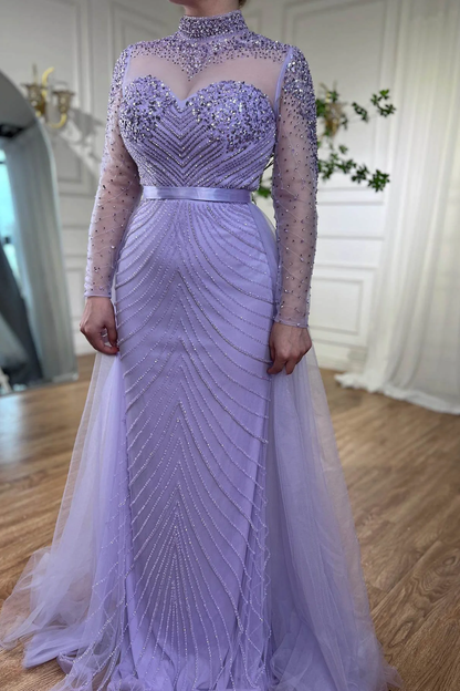 Lilac Elegant Beading Long Sleeves High Neck Tulle Formal Party Dress,DP995