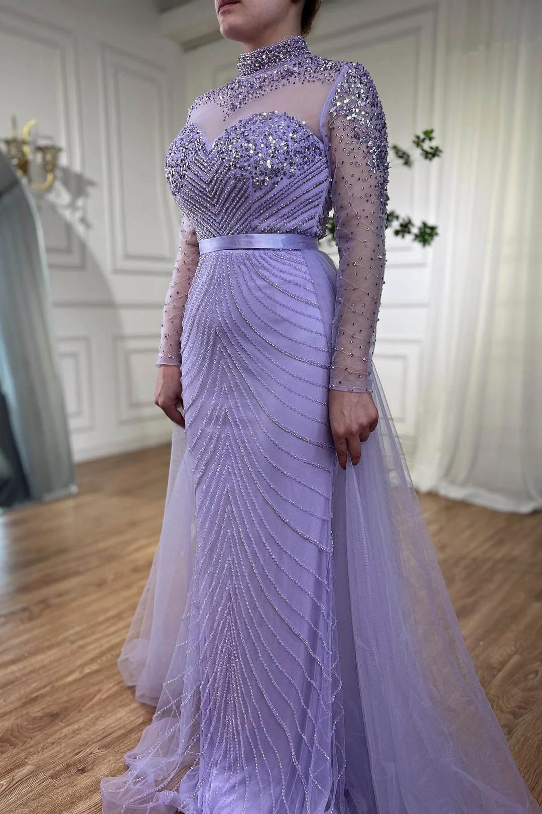 Lilac Elegant Beading Long Sleeves High Neck Tulle Formal Party Dress,DP995