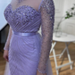 Lilac Elegant Beading Long Sleeves High Neck Tulle Formal Party Dress,DP995