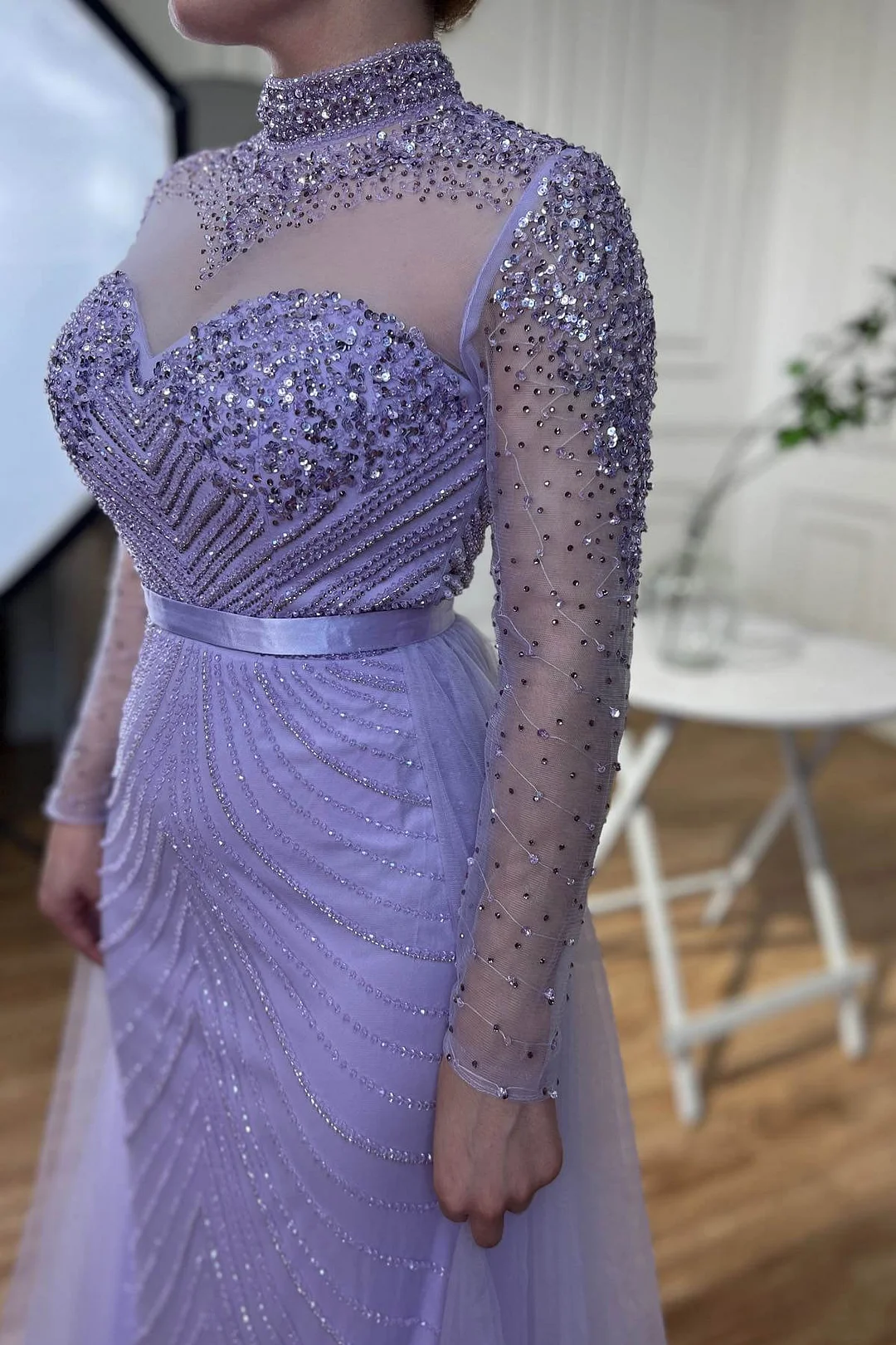 Lilac Elegant Beading Long Sleeves High Neck Tulle Formal Party Dress,DP995