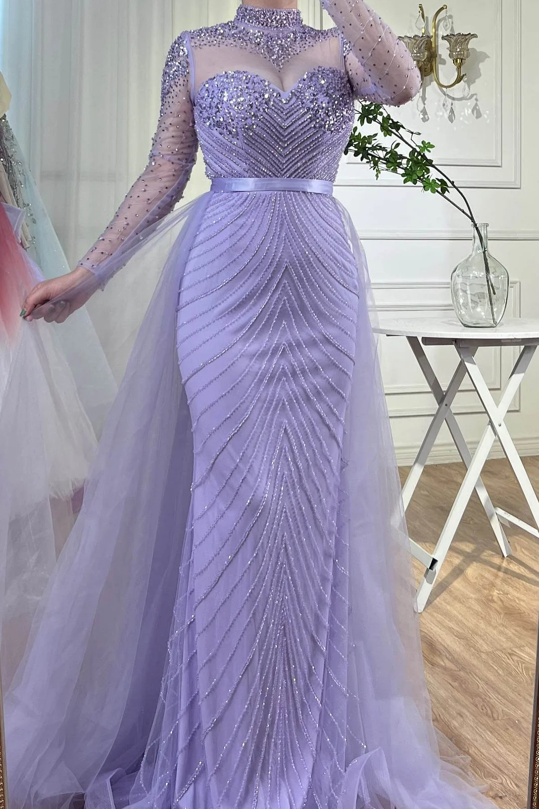 Lilac Elegant Beading Long Sleeves High Neck Tulle Formal Party Dress,DP995