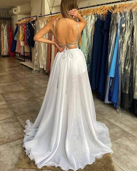 White A-Line Backless Detachable Long Party Dress with High Slit,DP996