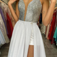 White A-Line Backless Detachable Long Party Dress with High Slit,DP996