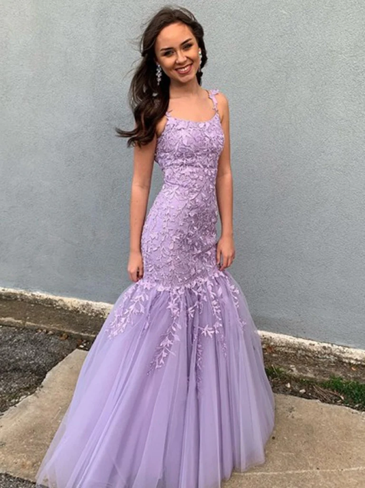 Lilac Appliques Tulle Mermaid Long Prom Party Dress,DP999