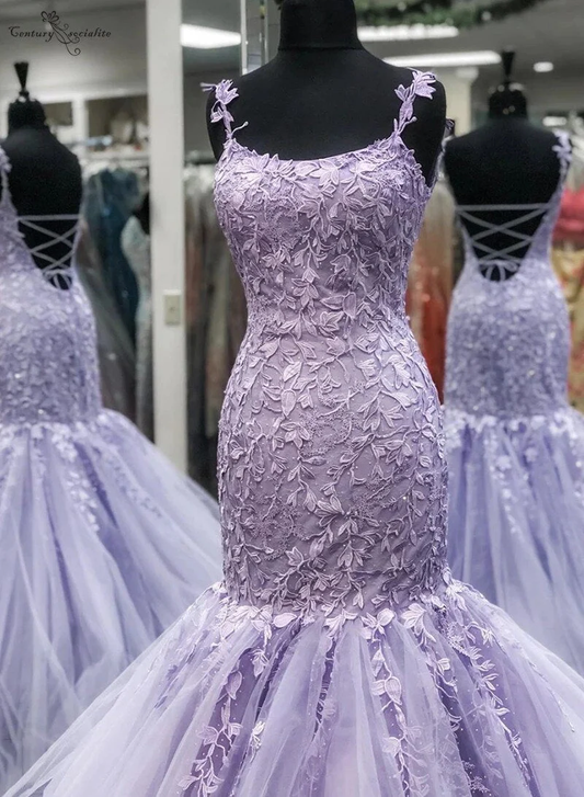 Lilac Appliques Tulle Mermaid Long Prom Party Dress,DP999