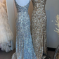 Gold Sequin Square Neck Backless Mermaid Long Formal Dress with Slit,DP048