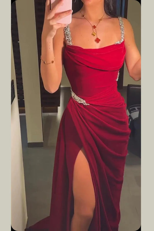 Charming Burgundy Spaghetti Straps Rhinestones Long Formal Evening Dress DP3940