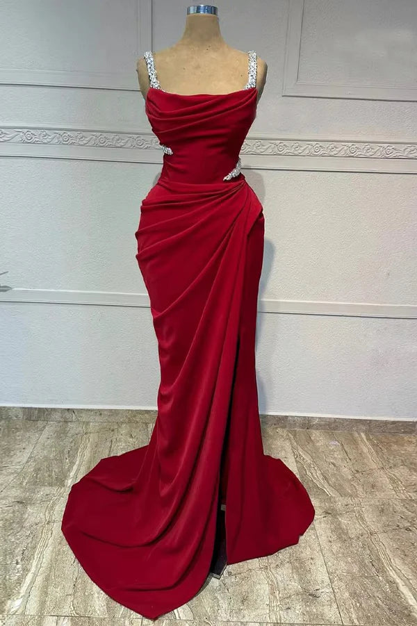 Charming Burgundy Spaghetti Straps Rhinestones Long Formal Evening Dress DP3940