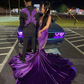 Elegant Purple Velvet Mermaid Black Girl Long Evening Party Dress DP3951