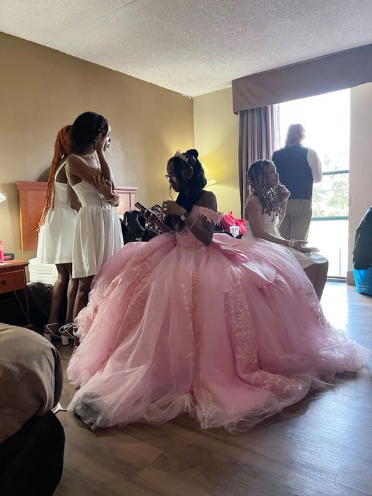 Lovely Pink Off Shoulder A-Line Tulle Quinceanera Dress Birthday Gown DP3955