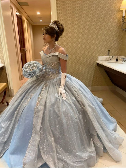 Shiny Light Blue Off Shoulder A-Line Tulle Quinceanera Dress Birthday Gown DP3956