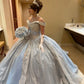 Shiny Light Blue Off Shoulder A-Line Tulle Quinceanera Dress Birthday Gown DP3956