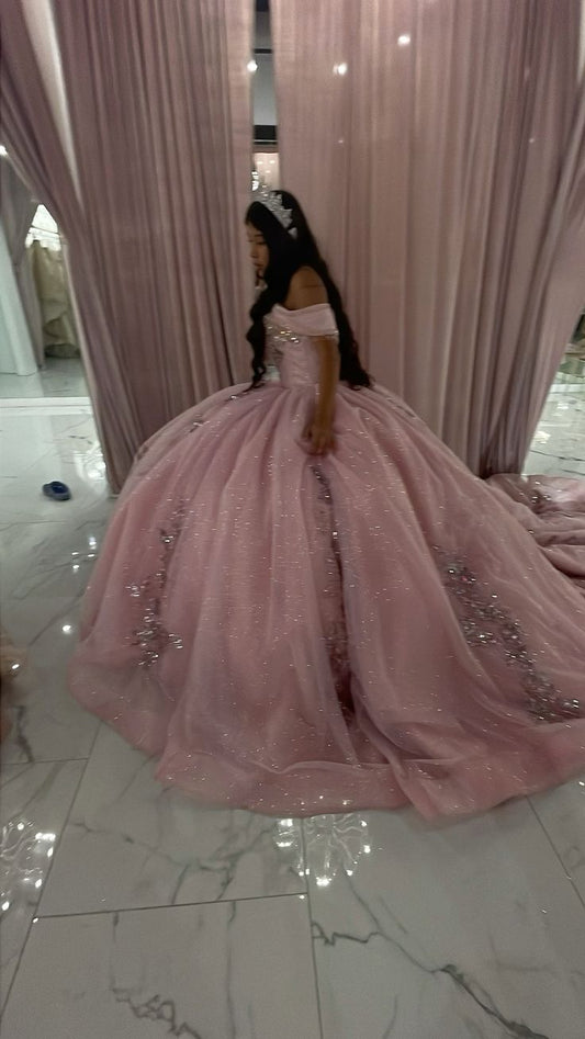 Shiny Pink Off Shoulder A-Line Tulle Quinceanera Dress Birthday Gown DP3957