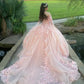 Light Pink Off Shoulder A-Line Tulle Appliques Quinceanera Dress Birthday Gown DP3958