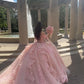 Light Pink Off Shoulder A-Line Tulle Appliques Quinceanera Dress Birthday Gown DP3958