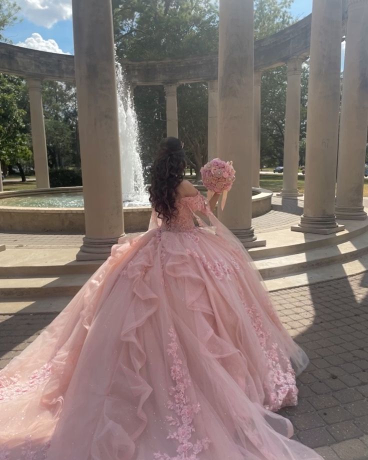 Light Pink Off Shoulder A-Line Tulle Appliques Quinceanera Dress Birthday Gown DP3958