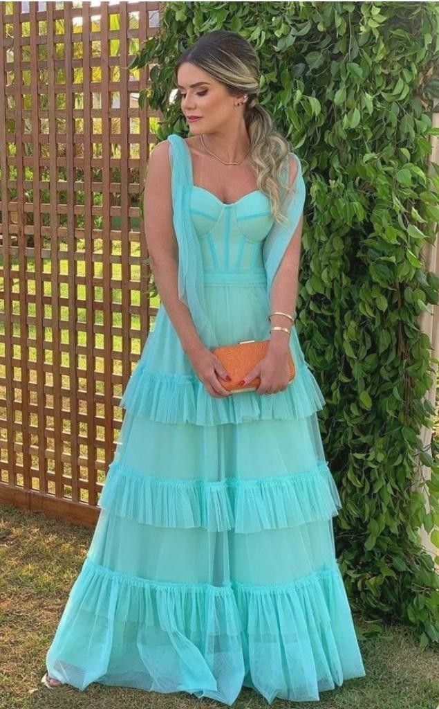 Elegant Blue Sweetheart A-Line Tulle Tiered Long Formal Party Dress DP3969