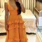 Elegant Spaghetti Straps A-Line Layered Orange Long Formal Party Dress DP3970