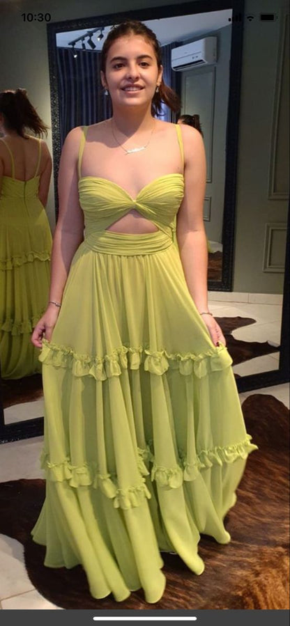 Green Spaghetti Straps A-Line Ruffles Long Formal Party Dress DP3971