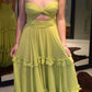 Green Spaghetti Straps A-Line Ruffles Long Formal Party Dress DP3971