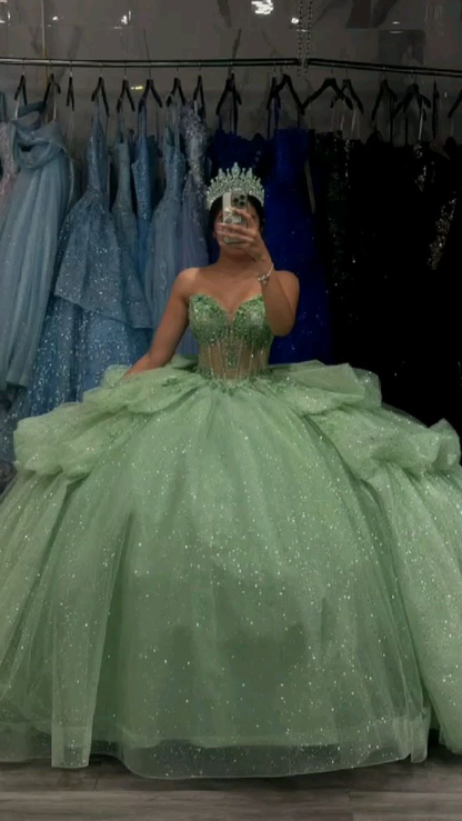 Sage Green Sweetheart Tulle Beads Quinceanera Dress Evening Ball Gown, DSProm Sage Green Sweetheart Tulle Beads Quinceanera Dress Evening Ball Gown, DSProm