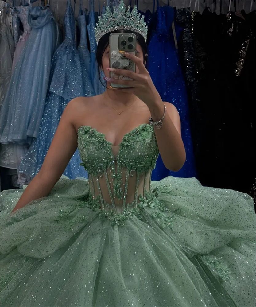 Sage Green Sweetheart Tulle Beads Quinceanera Dress Evening Ball Gown, DP4123